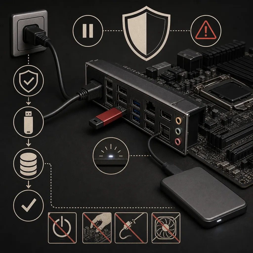 안정적인 전원, USB, 백업 저장장치와 메인보드 복구 한계를 표현한 편집 일러스트