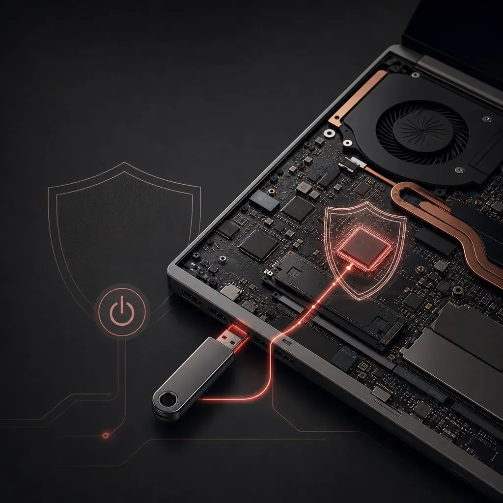 모델별 ASUS BIOS 업데이트를 표현한 노트북 메인보드, USB와 보호막 편집 일러스트