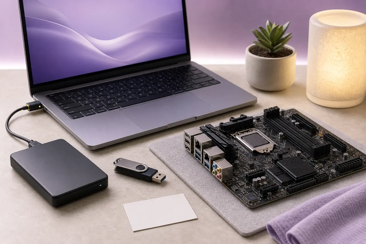 Illustration éditoriale de la préparation de l’alimentation, des sauvegardes et de l’USB