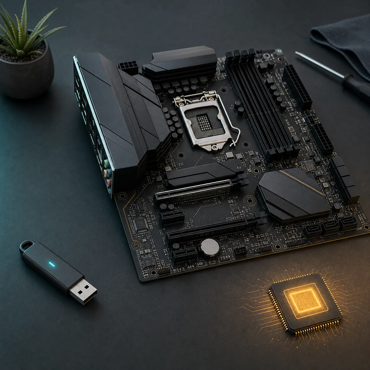 GIGABYTE BIOS 가이드를 위한 메인보드, USB 드라이브와 펌웨어 칩의 편집 일러스트