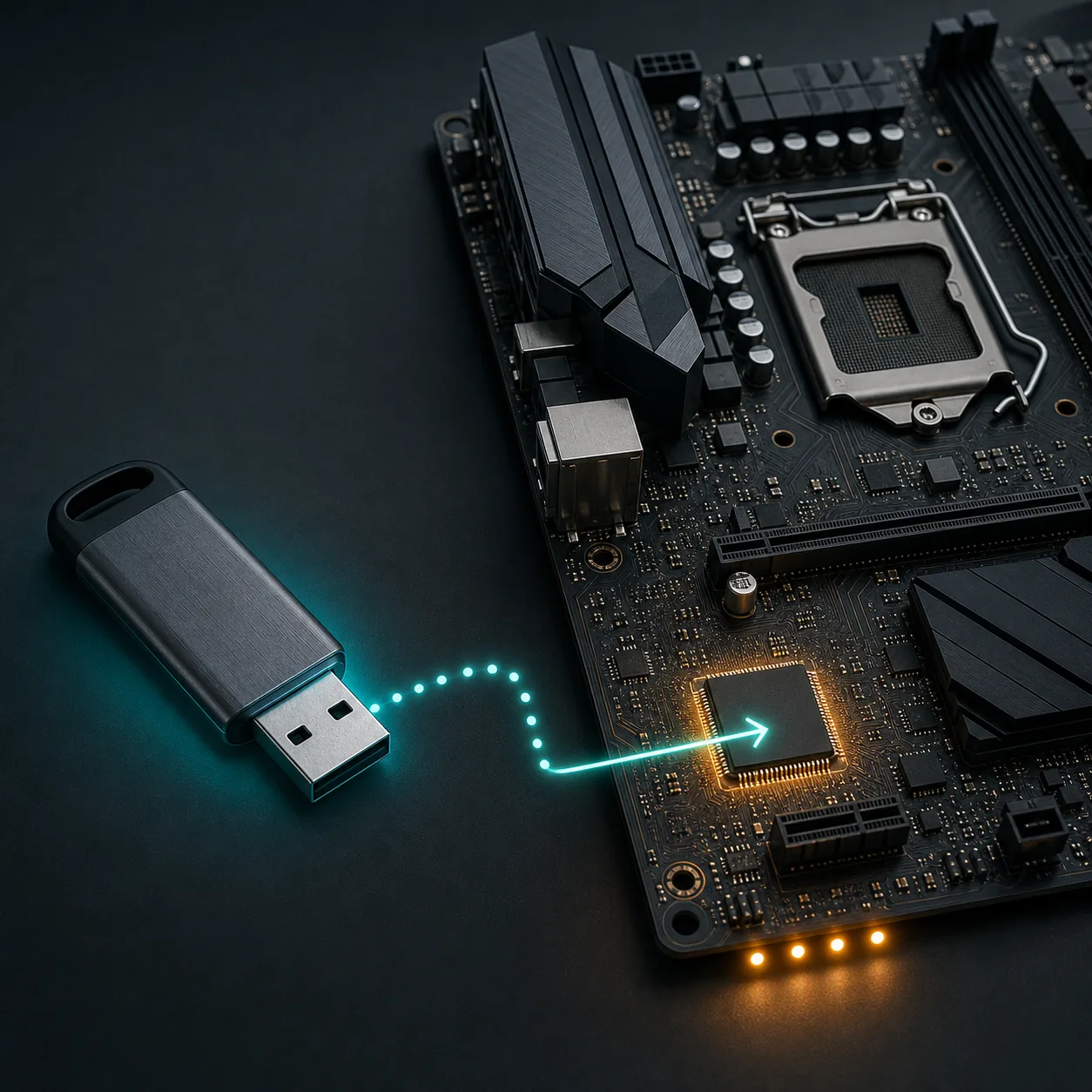 개념적인 Q-Flash 펌웨어 경로를 보여 주는 USB 드라이브와 메인보드 편집 일러스트
