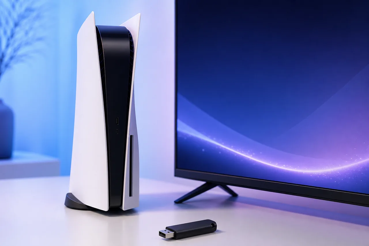 Konzeptbild einer PS5-ähnlichen Konsole mit Bildschirm und USB-Stick für ein Systemsoftware-Update