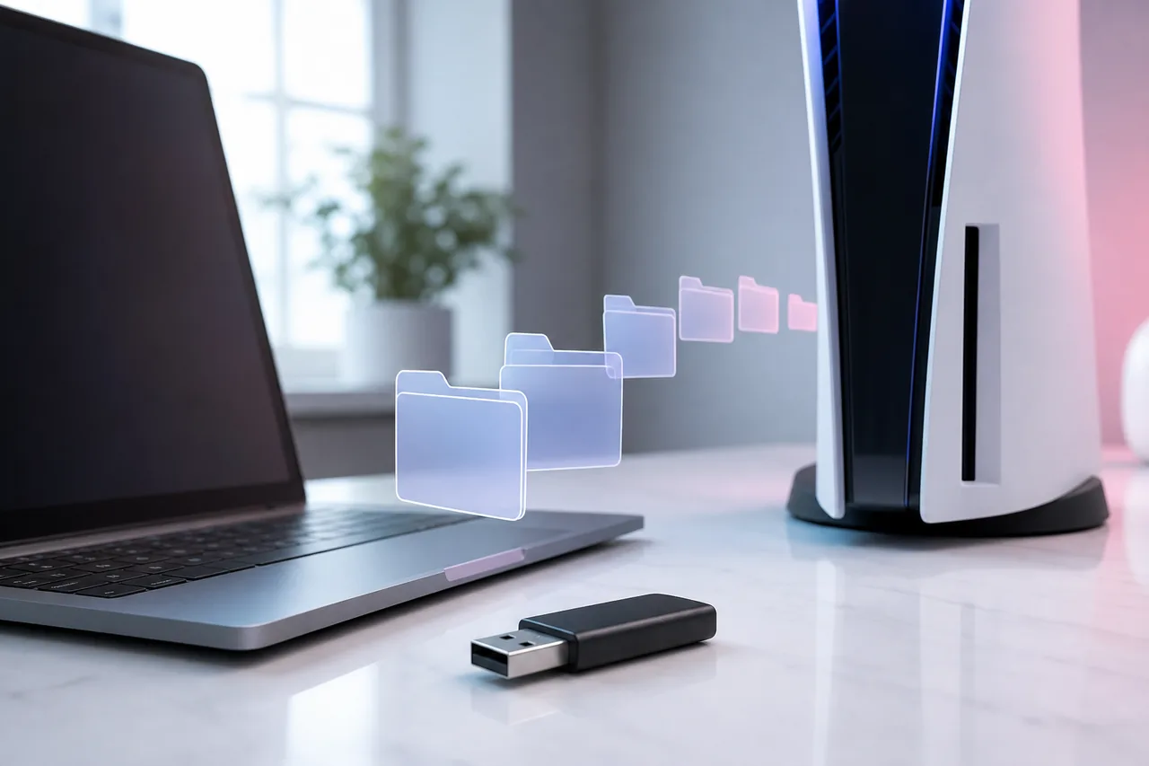 Konzeptbild einer USB- und Ordnerübertragung für ein PS5-Systemsoftware-Update