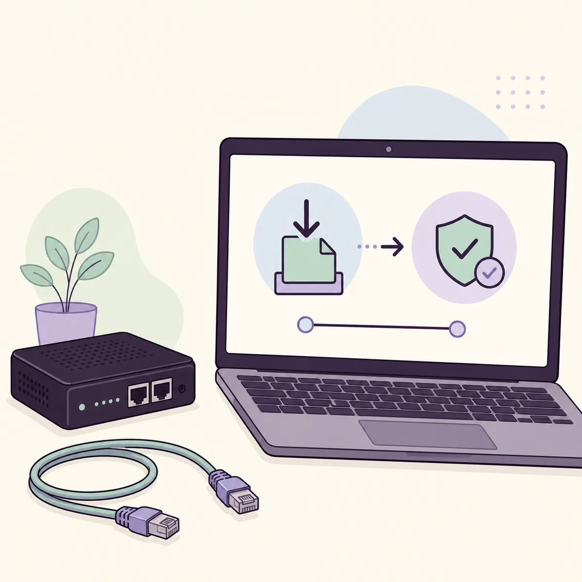 Editorial illustration of checking and verifying an ER605 firmware package