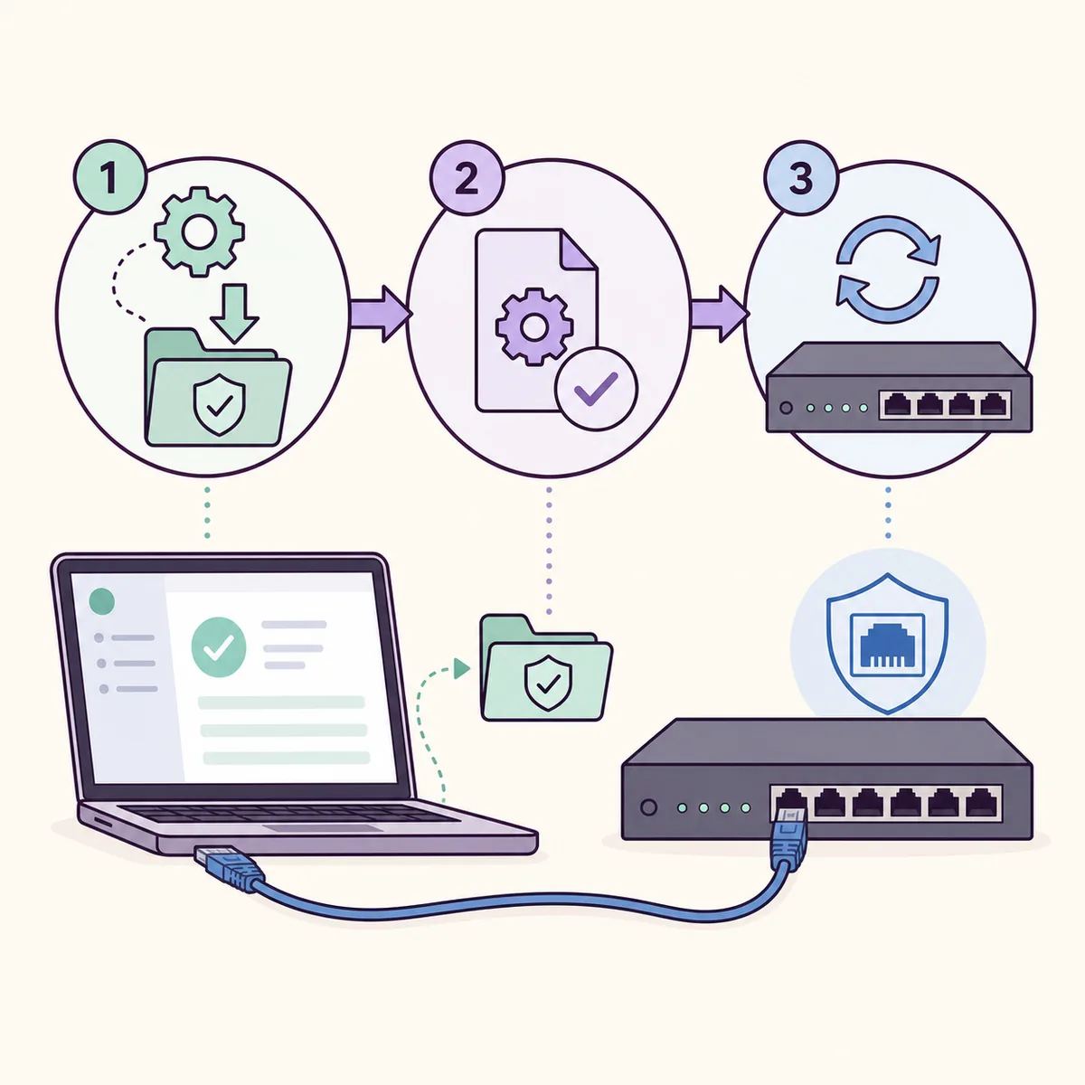 Editorial three-step flow for backing up, verifying and updating ER605 over Ethernet