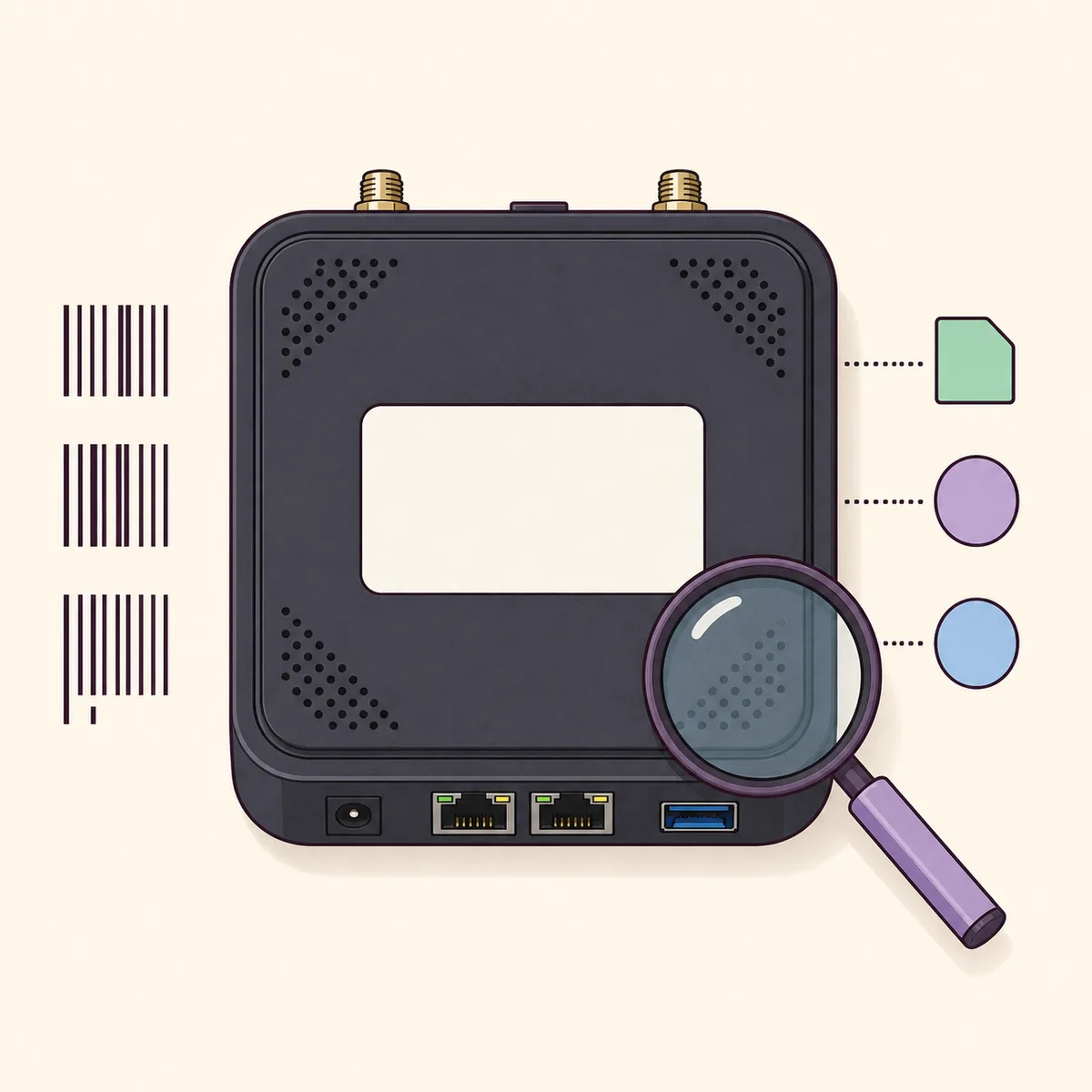Editorial illustration of checking an ER605 label, hardware family and region